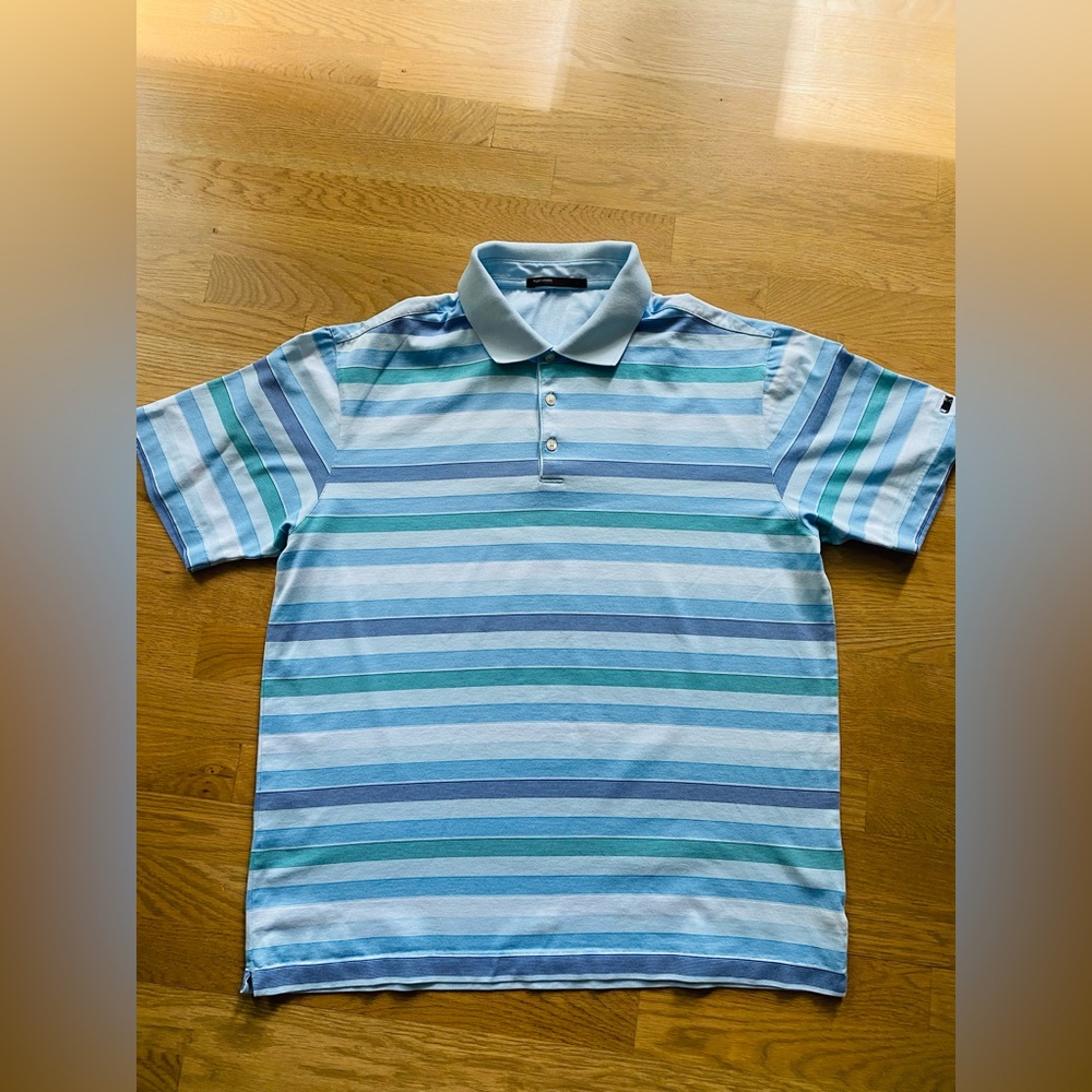 Nike Tiger Wood collection Striped Men Blue Polo Shirt size L Dry fit